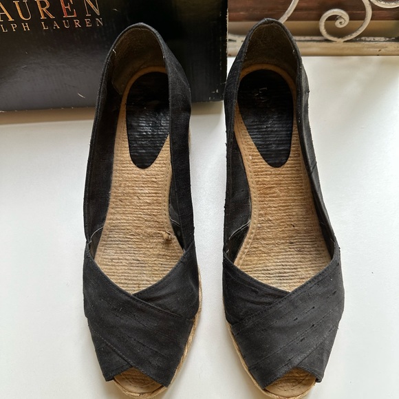 Lauren Ralph Lauren Cecilia Black Shantung Espadrille Wedge Shoes 8.5B - Picture 3 of 6